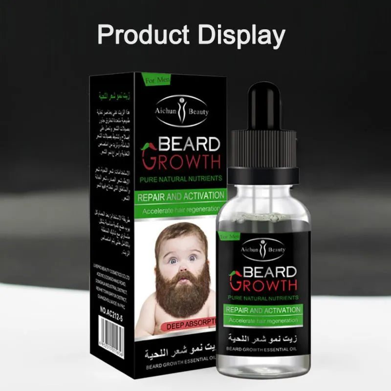 Bottle of natural beard growth essential oil for men, moisturises and conditions facial hair