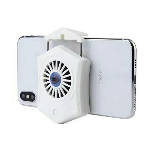 Black and white mobile phone cooling radiator with USB cable for connection to PC or console.