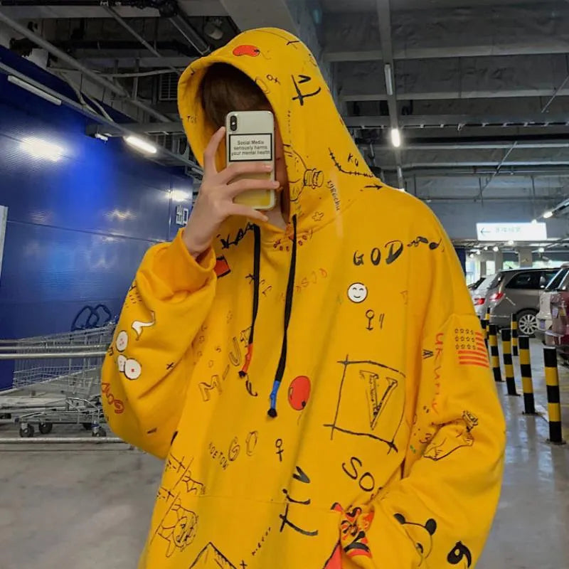Loose hooded sleeveless pullover for men, round neck, no collar, in white, yellow, blue, black