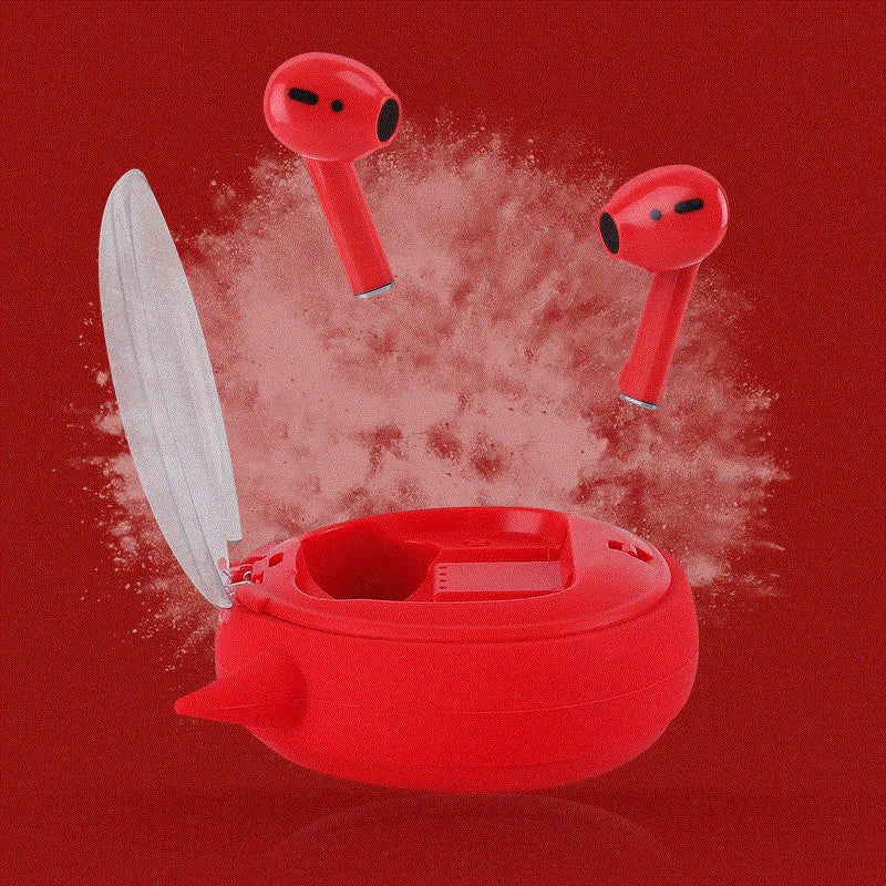 Macaron Red TWS 5.0 wireless Bluetooth earphones with charging case