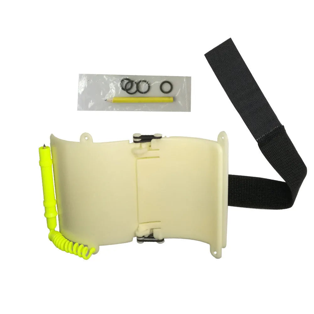 White luminous ABS wrist writing board for underwater communication, shown with a pencil and spare O-ring.