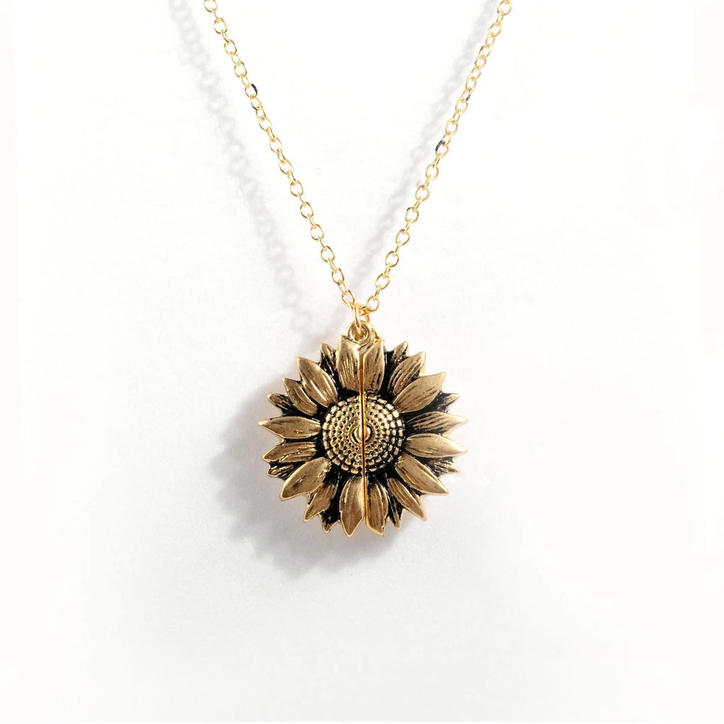 Sunflower double-layer alloy necklace with openable flower centre and lettering plate