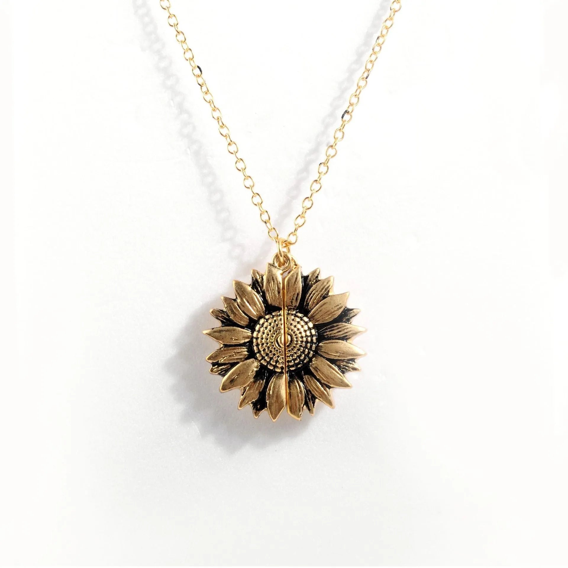 Sunflower double-layer alloy necklace with openable flower centre and lettering plate