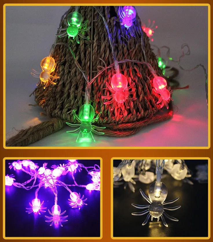 Halloween LED string lights with pumpkin, bat, and ghost pendants on a white wire