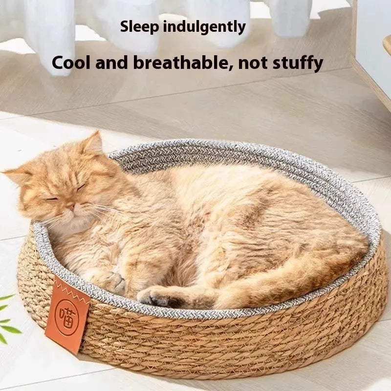 A rattan woven cat nest bed available in sizes S, M, L, and XL for pet comfort.