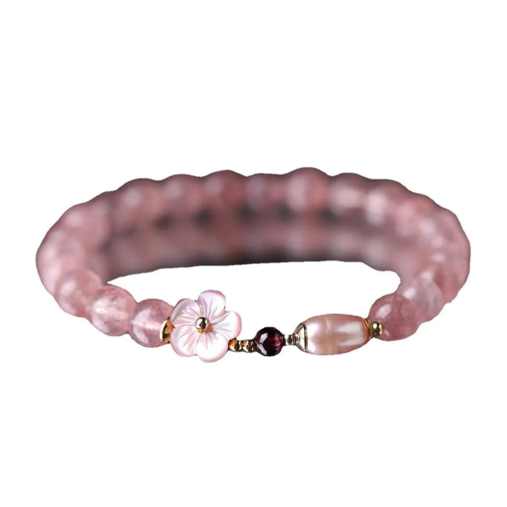 Strawberry quartz peach blossom crystal bracelet with floral design and adjustable cord