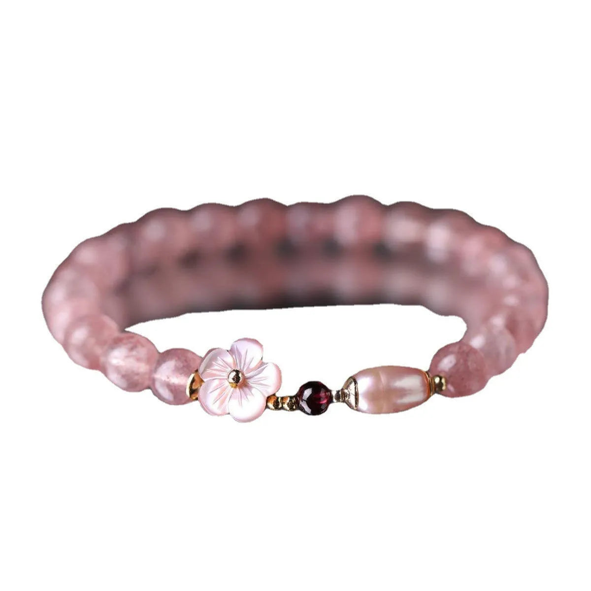 Strawberry quartz peach blossom crystal bracelet with floral design and adjustable cord