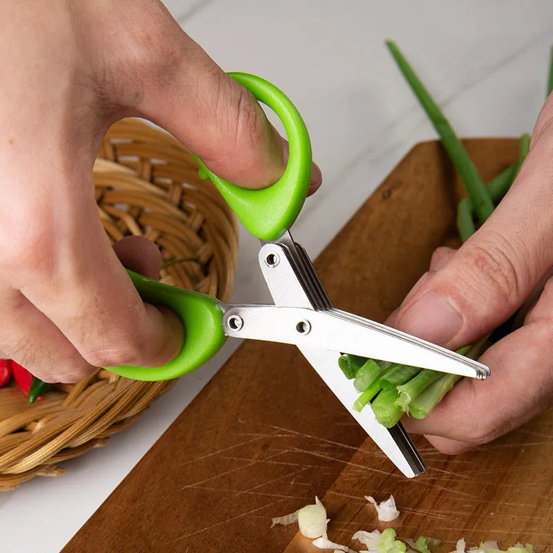 Green multi-layer stainless steel kitchen scissors for cutting herbs and green onions
