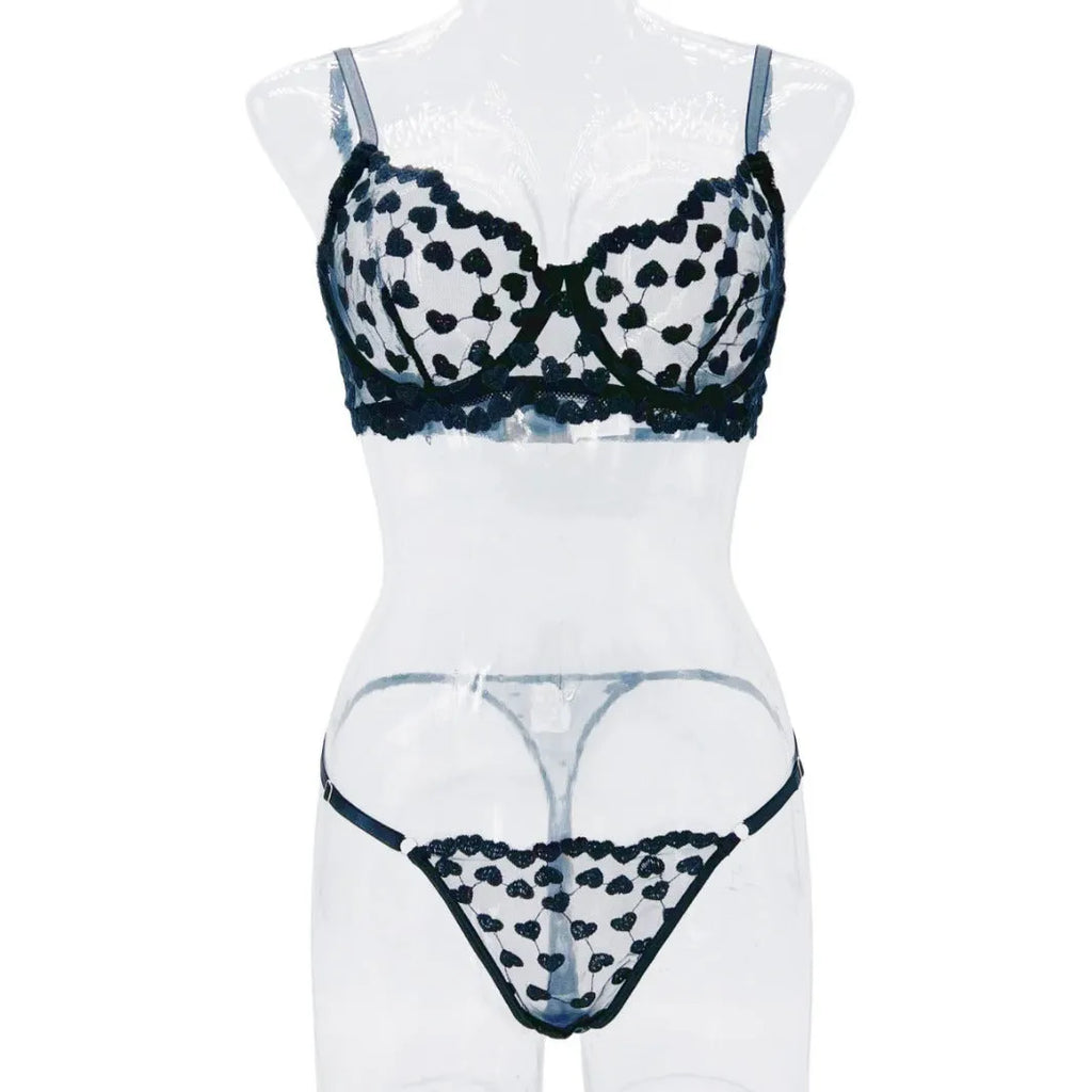 Women's mesh suit set with V-neck top and wide-leg trousers in black or red polyester fabric