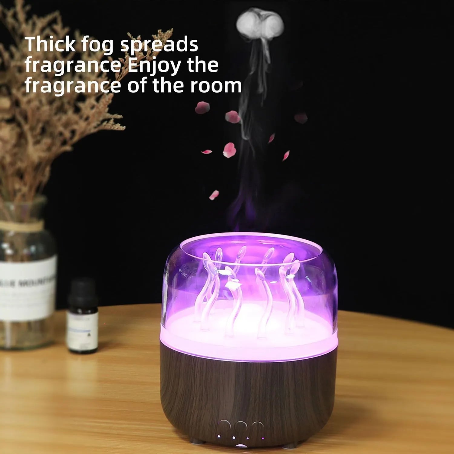Wood grain rotating spray jellyfish ambience light humidifier with aromatherapy, black colour, on desk