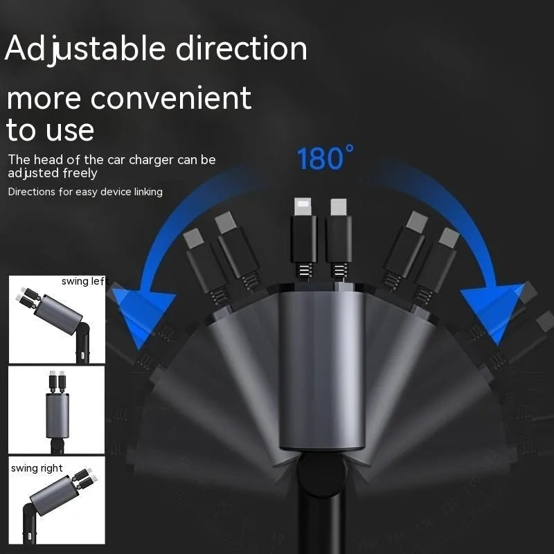 Black universal car charger with four USB ports plugged into a vehicle cigarette lighter socket.