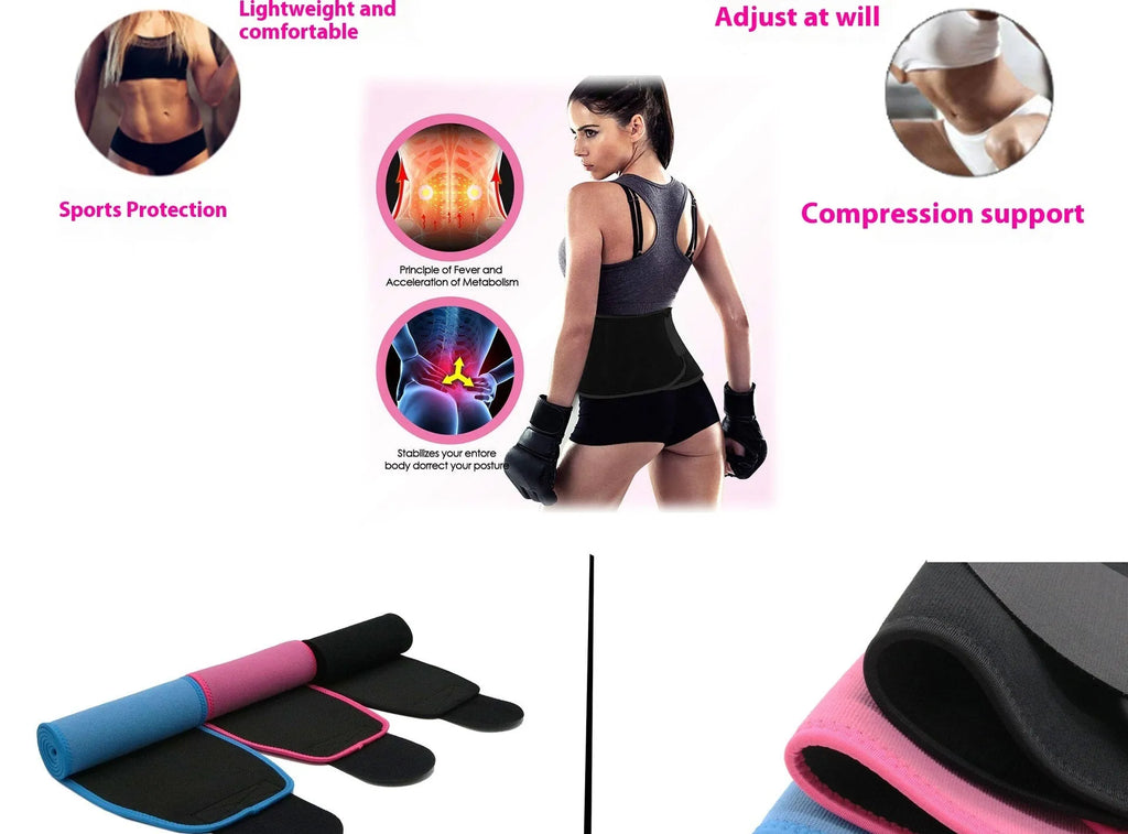 Adjustable neoprene fitness lumbar support belt in black, shown wrapped.
