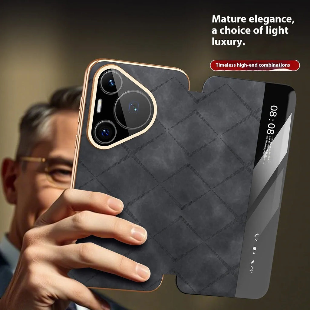 Huawei electroplated diamond grid anti-fingerprint phone case in imitation leather.
