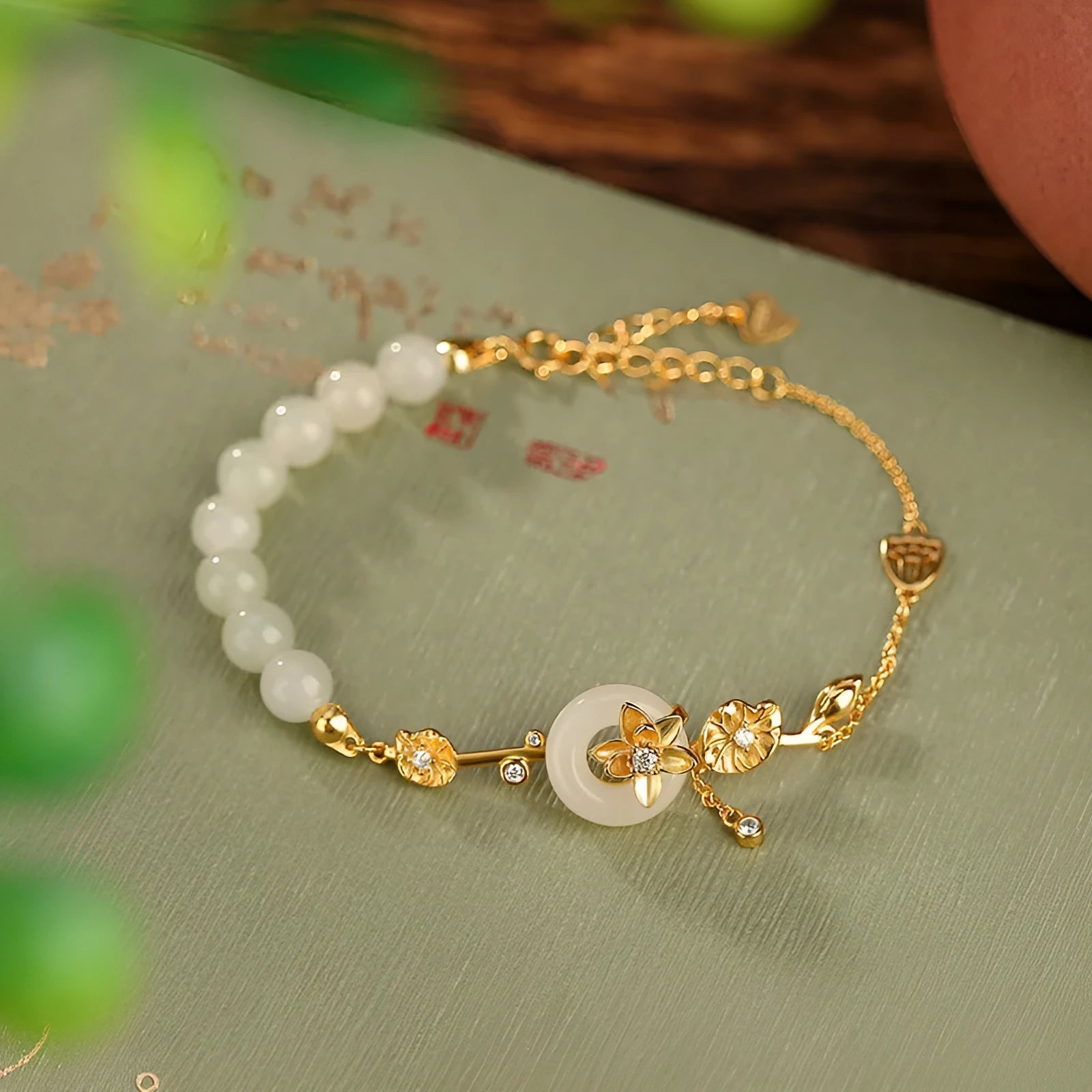 Hetian jade lotus peace buckle silver bracelet for women with retro antique style