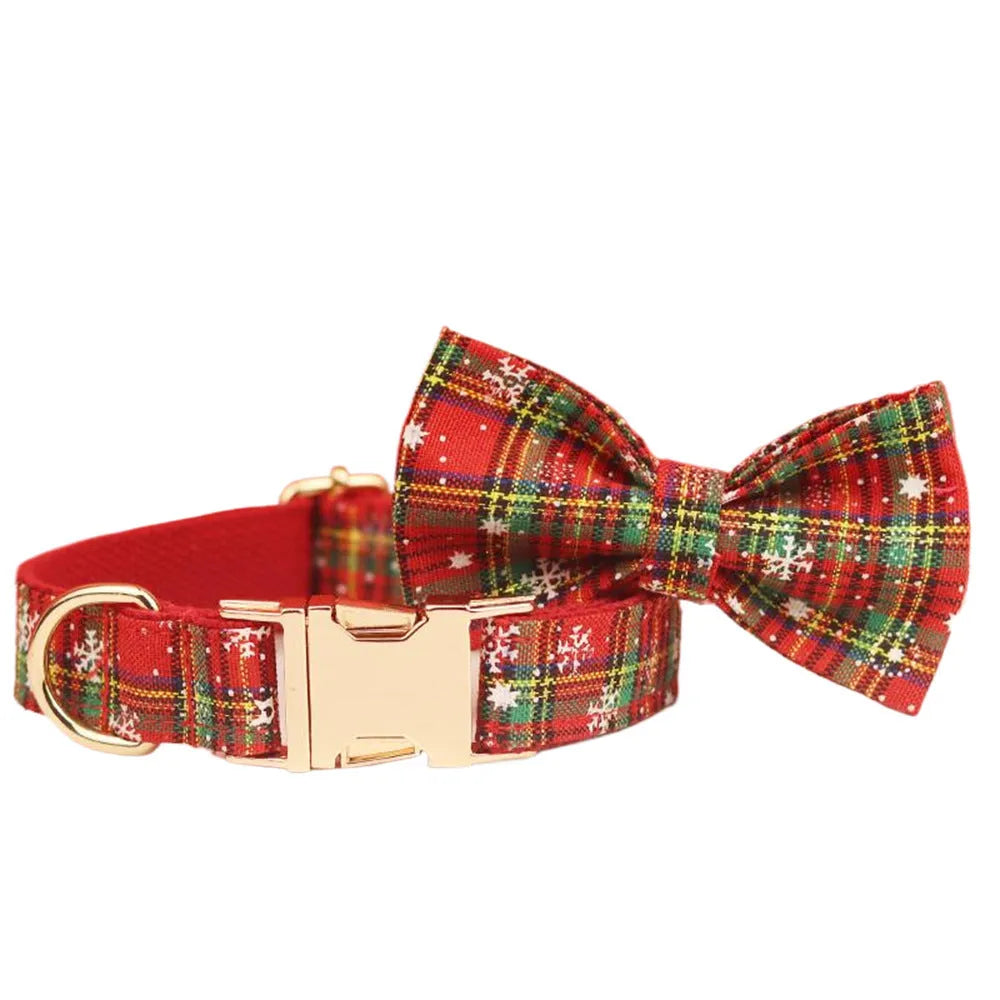 Christmas pet collar and leash set with plaid rope and festive dog vest showing snowflake bowknot flowers on red background