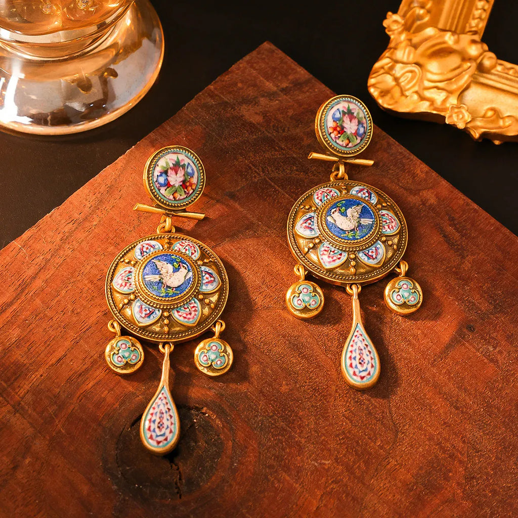 Vintage court style rattle drum ear studs with peace dove design for women
