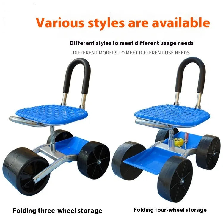 Garden mobile seat with wheels on a lawn, showing galvanized pipe frame and PP seat
