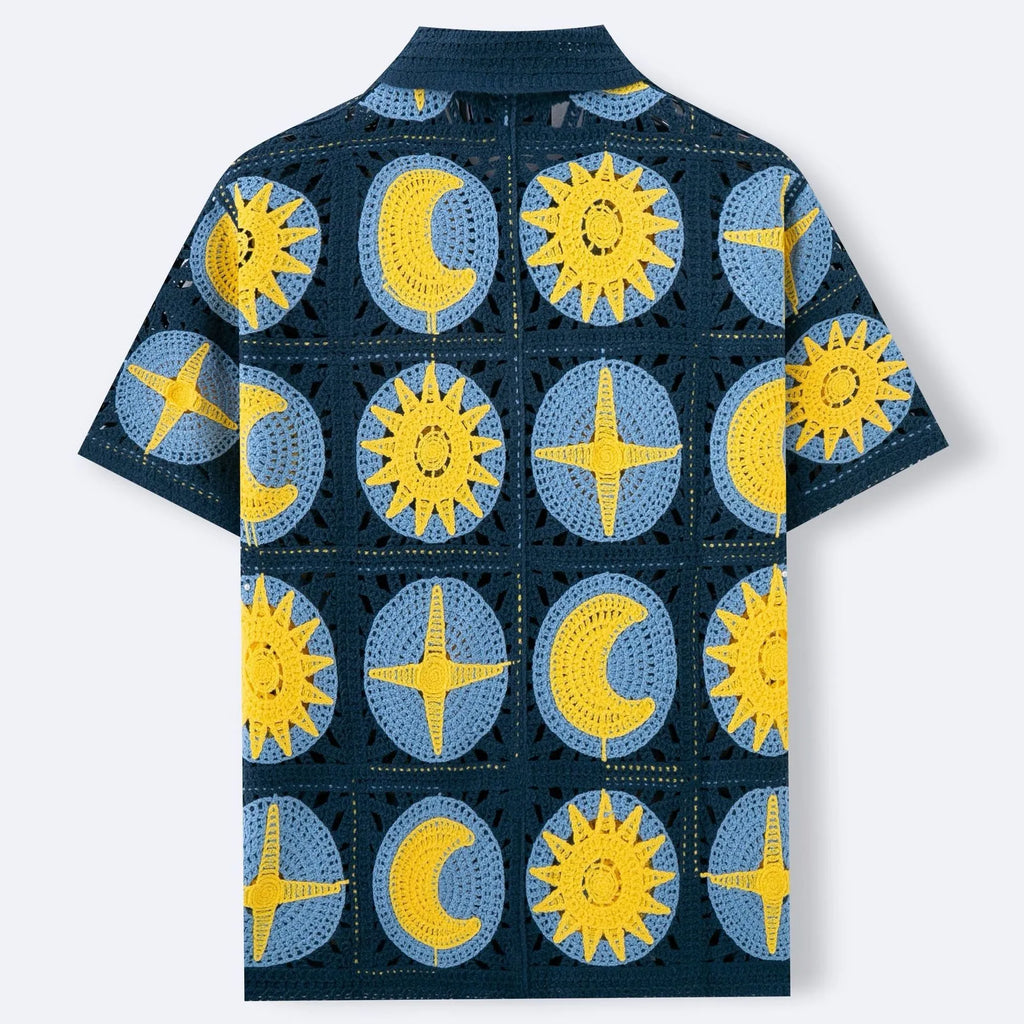 Navy blue men's short-sleeve cardigan with a raised cartoon flocking pattern on the front.