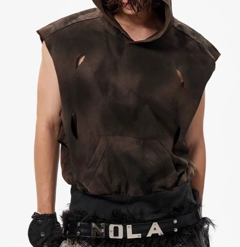 Khaki coloured short hood vest made of cotton fabric for teenagers, shown in size L.