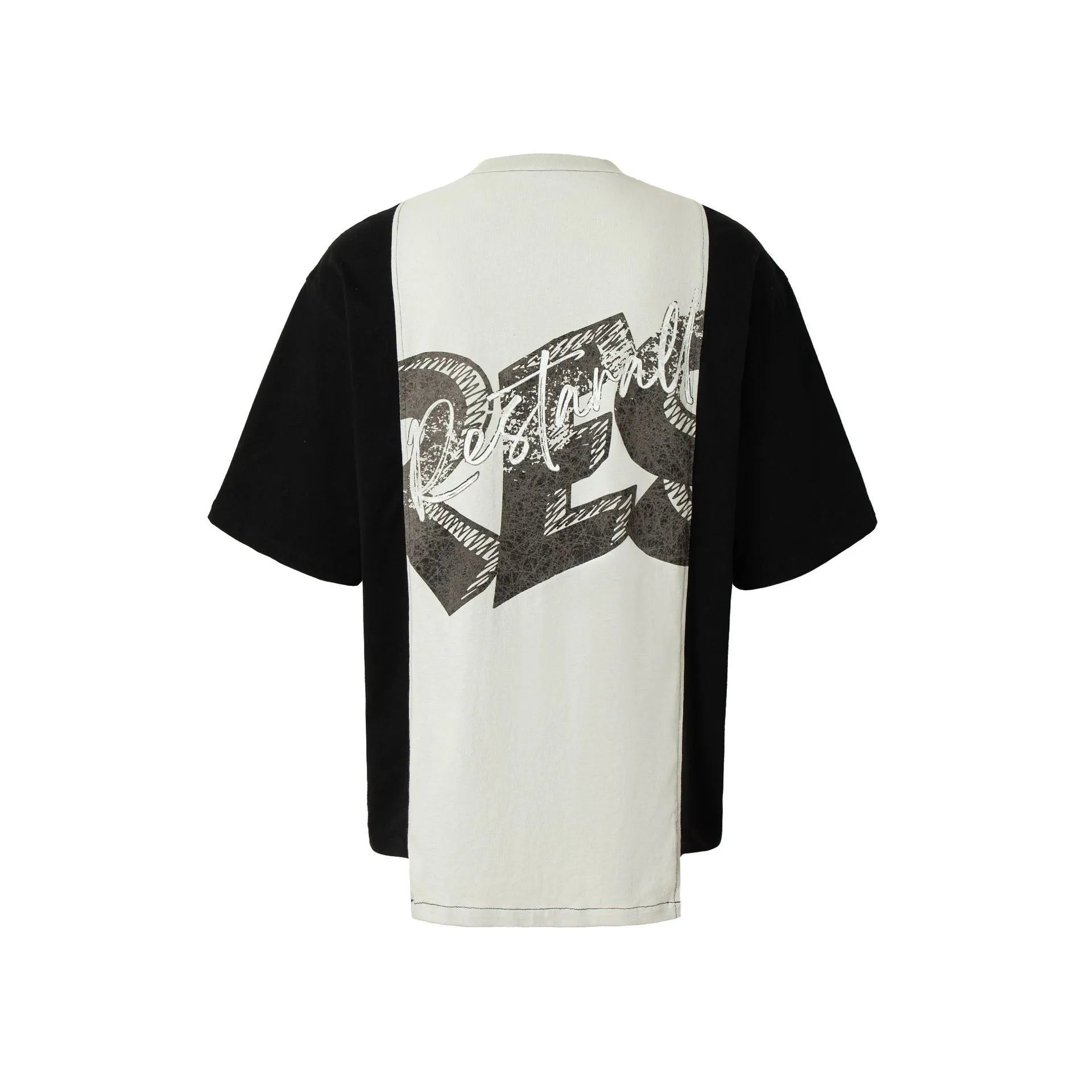 Black and white deconstruction printed t-shirt with loose fit and short sleeves