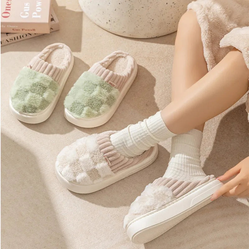 Women's plaid plush slippers with non-slip PVC soles in coffee, green, grey, pink or white colours