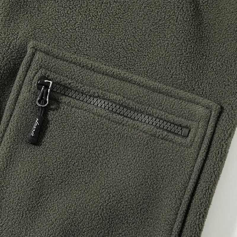 Men's fleece-lined thickened lamb wool fleece jacket cardigan in army green, loose fit, zip front, polar fleece fabric