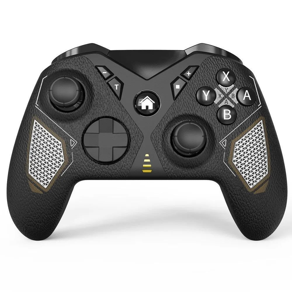 Black wireless game controller with leather pattern texture for Nintendo, PC, and smartphone.