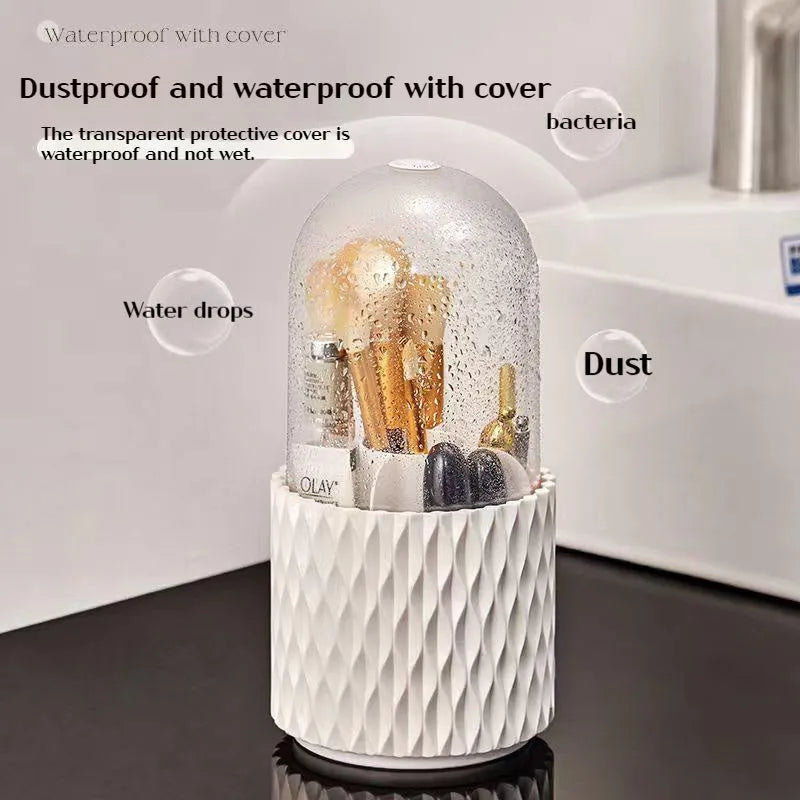 White rotating makeup brush storage holder with transparent lid on desktop