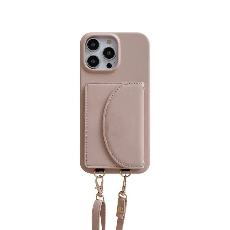 Litchi pattern phone case with coin purse card holder and lanyard for iPhone on white background