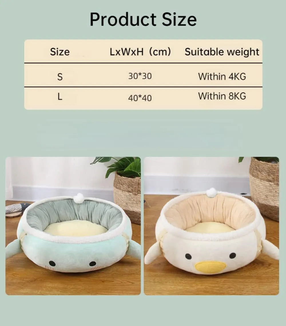 Green dinosaur-shaped cat bed with a chick inside, shown both flat and hanging as a hammock.