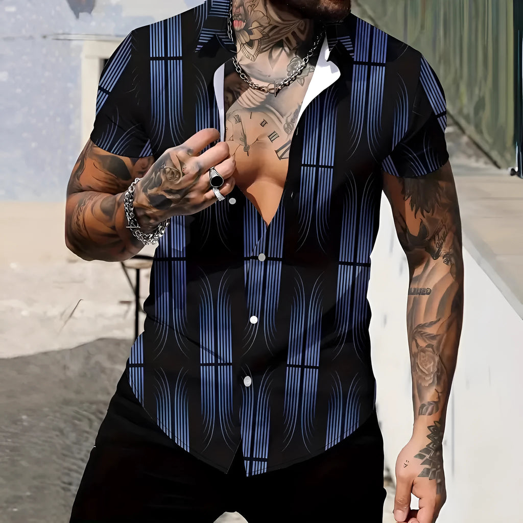 Men's slim fit geometric line print short sleeve shirt with cardigan lapel