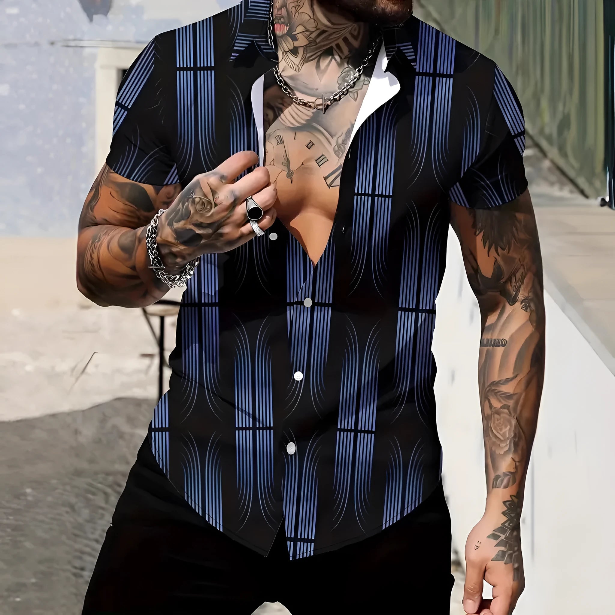 Men's slim fit geometric line print short sleeve shirt with cardigan lapel