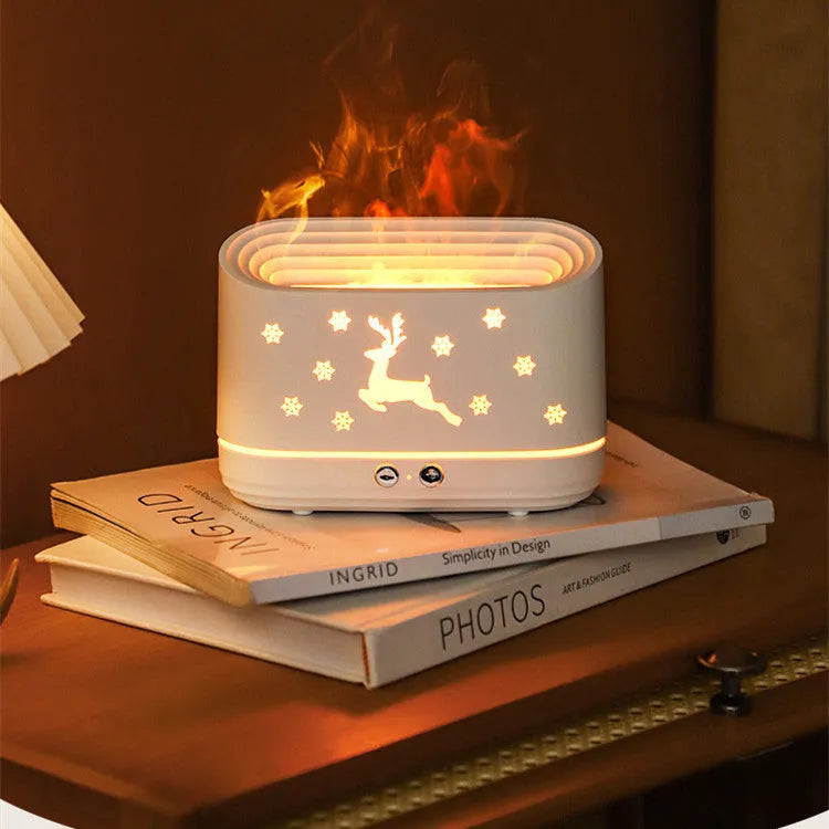 White round Elk flame effect humidifier diffuser with mist and LED light on a surface.