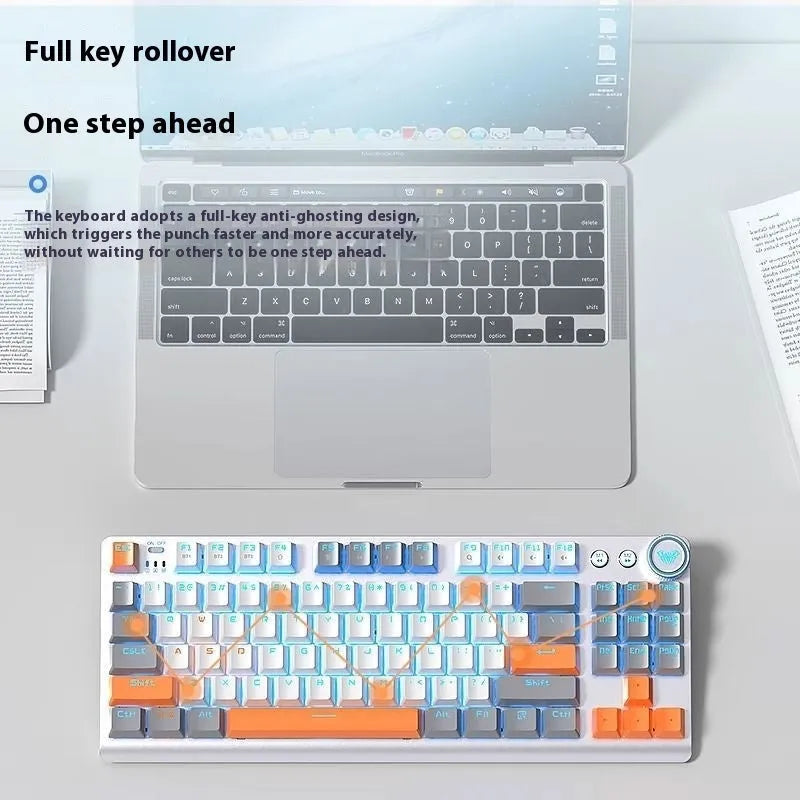 Wireless mechanical keyboard with side engraving and metal construction showing Bluetooth connectivity