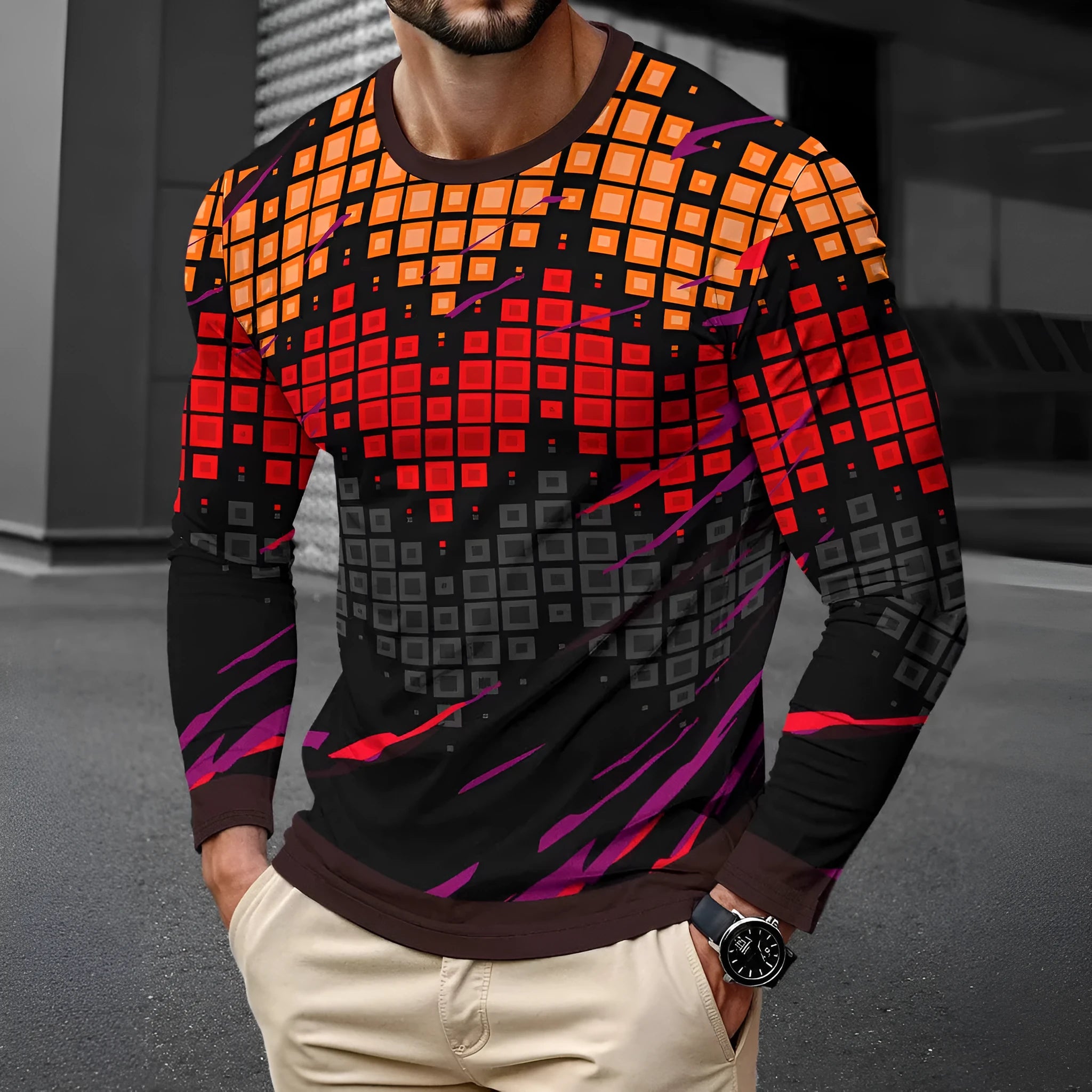 A man wearing a simple grey milk silk long sleeve pullover with a round neck.