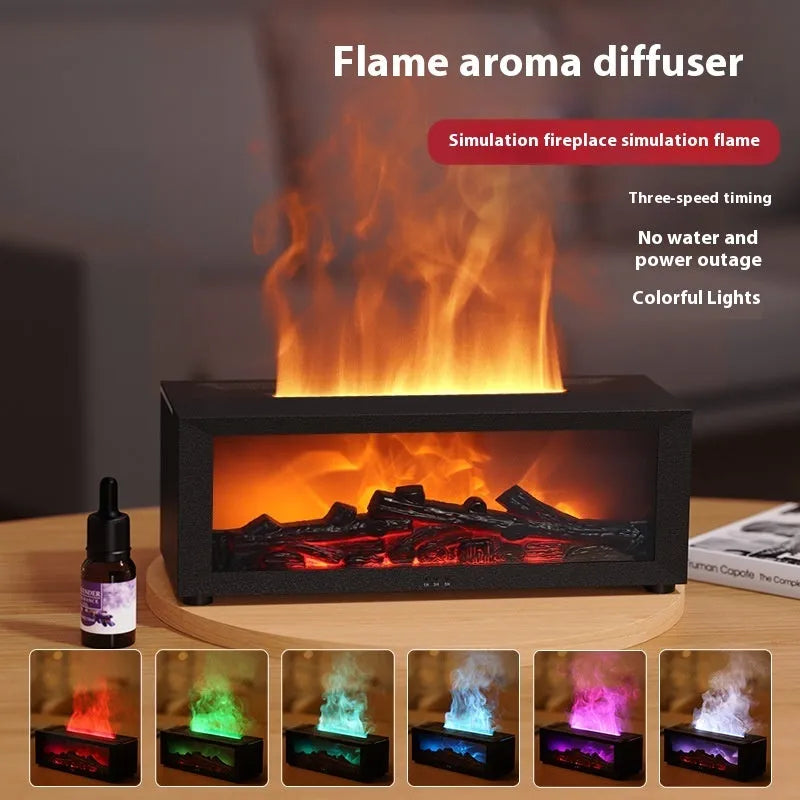 Square desktop aromatherapy diffuser emitting mist with a colourful 3D flame effect and mood lights at the base.