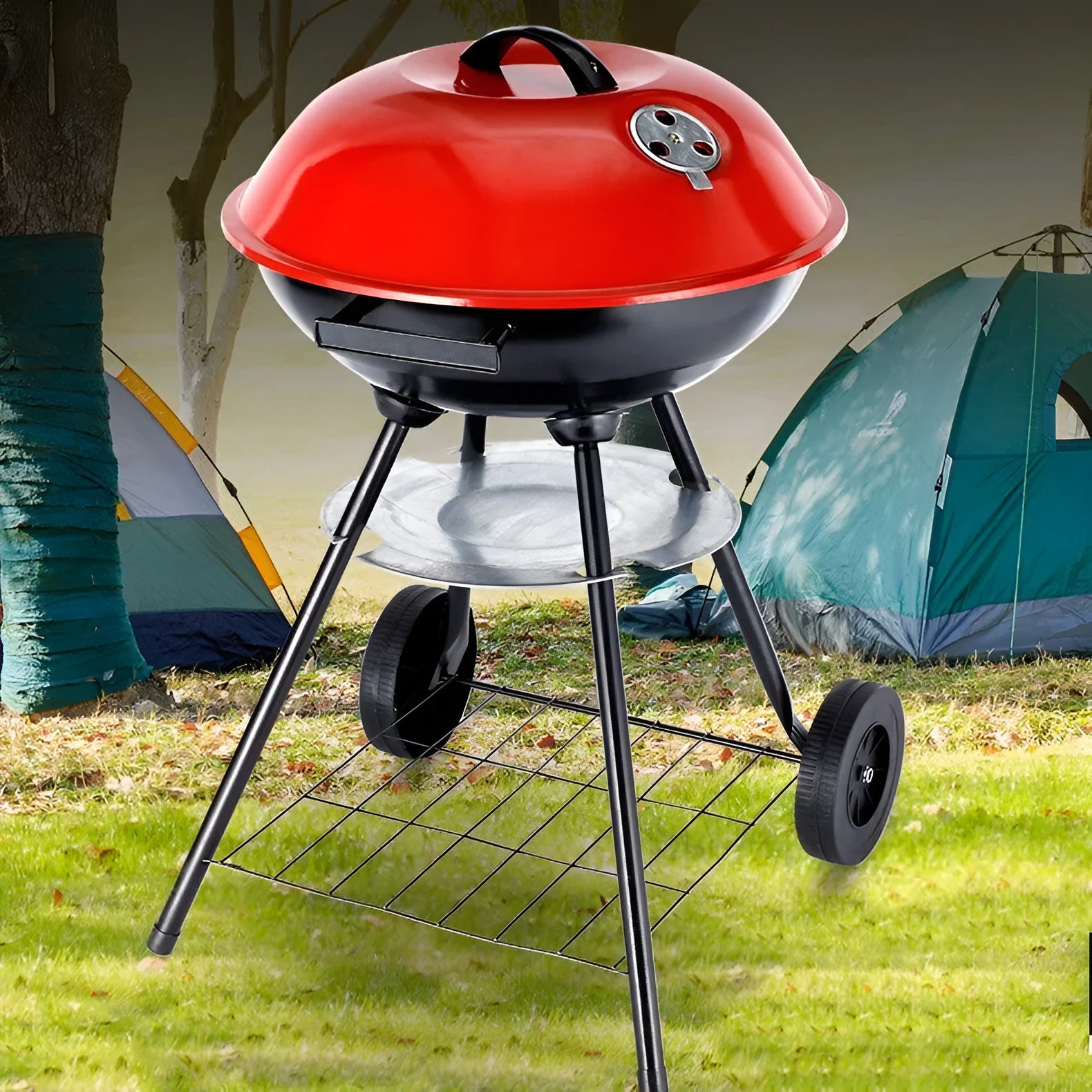 Portable iron barbecue grill with a 14-inch circular apple stove cooking grate.