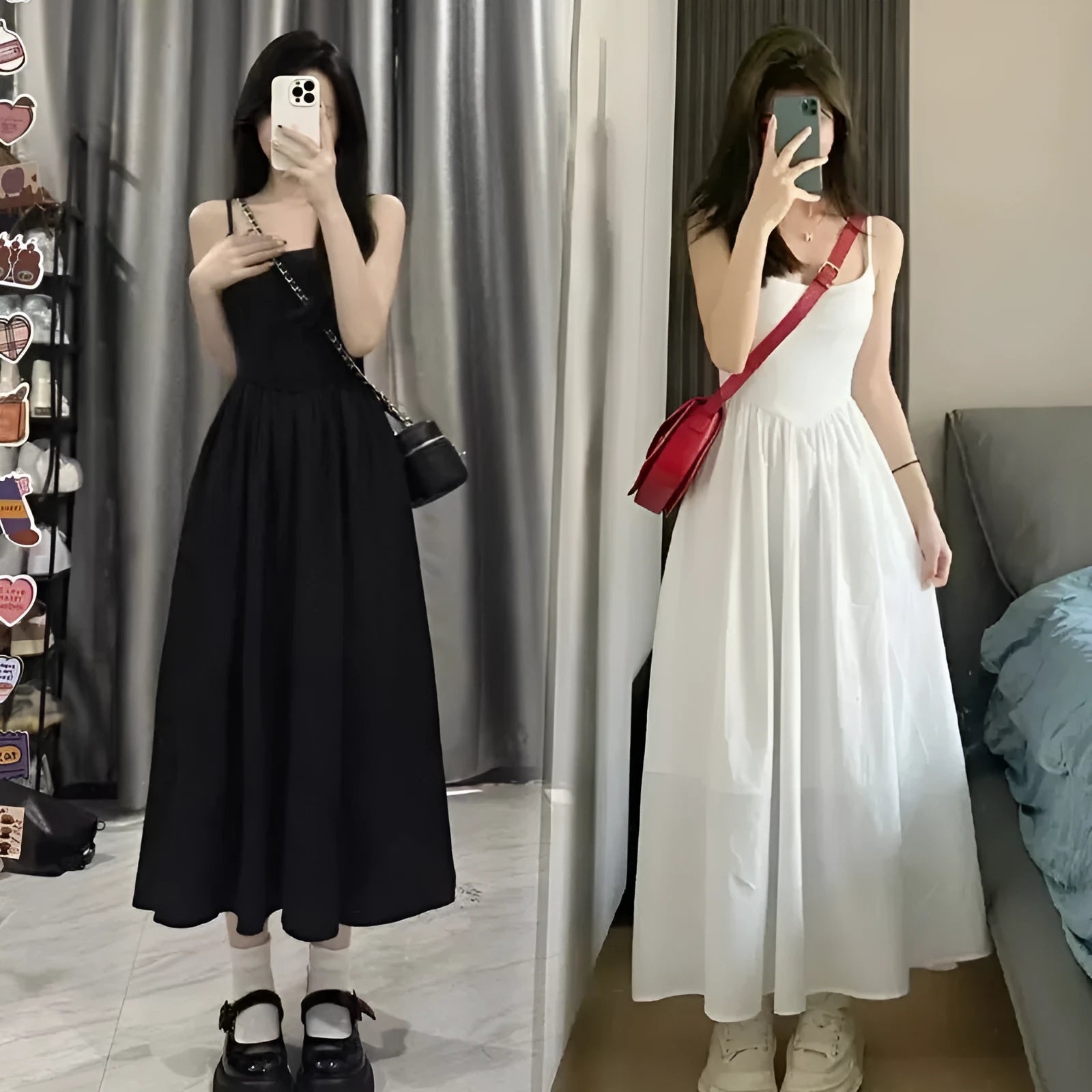 A-line slip dress in black with wide waist and sleeveless design made from polyester
