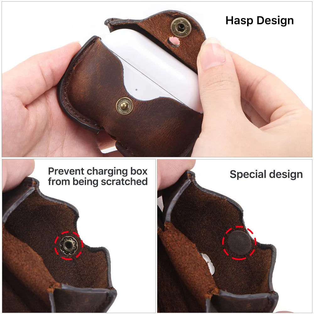 Brown leather clamshell case for AirPods Pro with crazy horse pattern texture and vintage styling