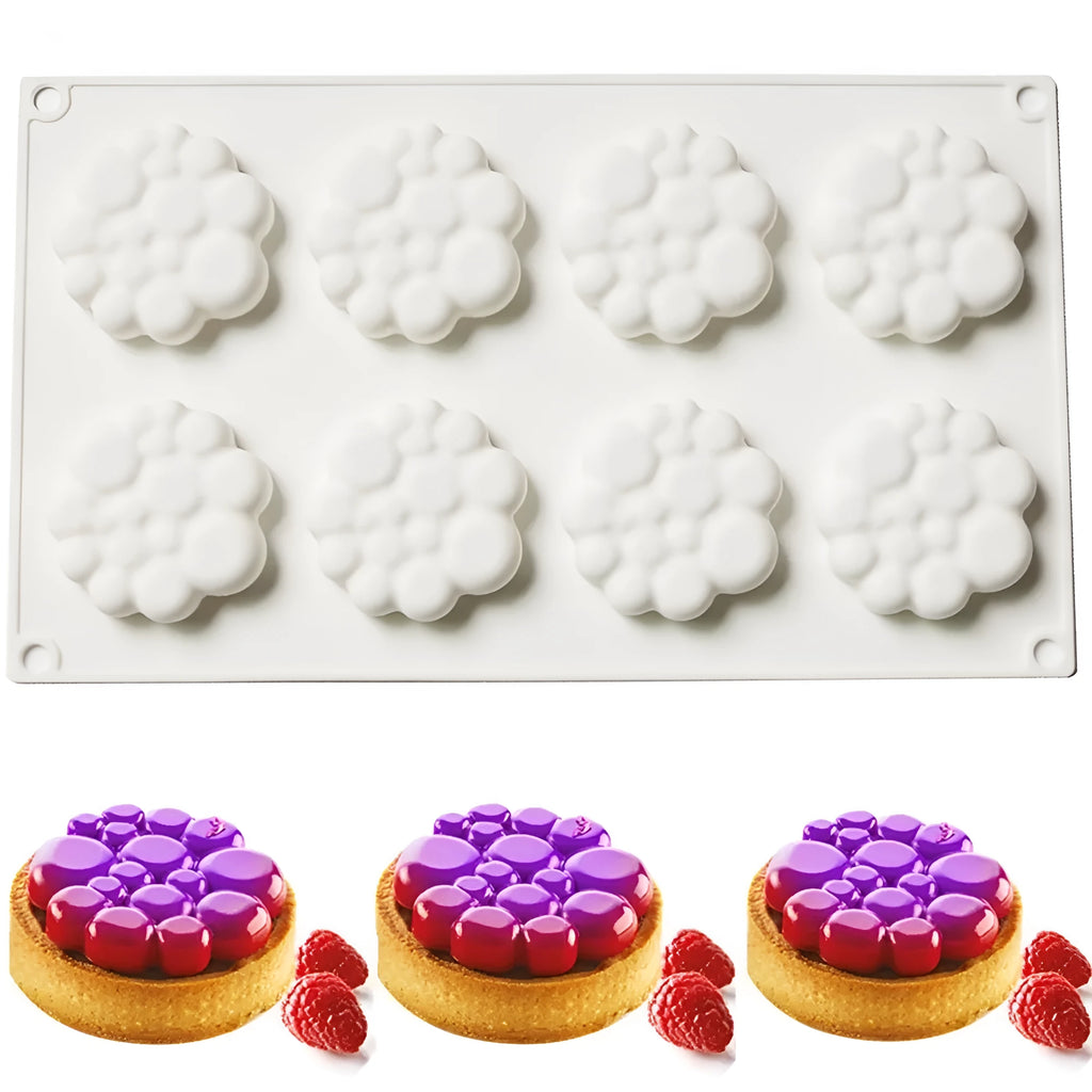 Round silicone cake mould with 8 bubble pattern design for baking and dessert preparation