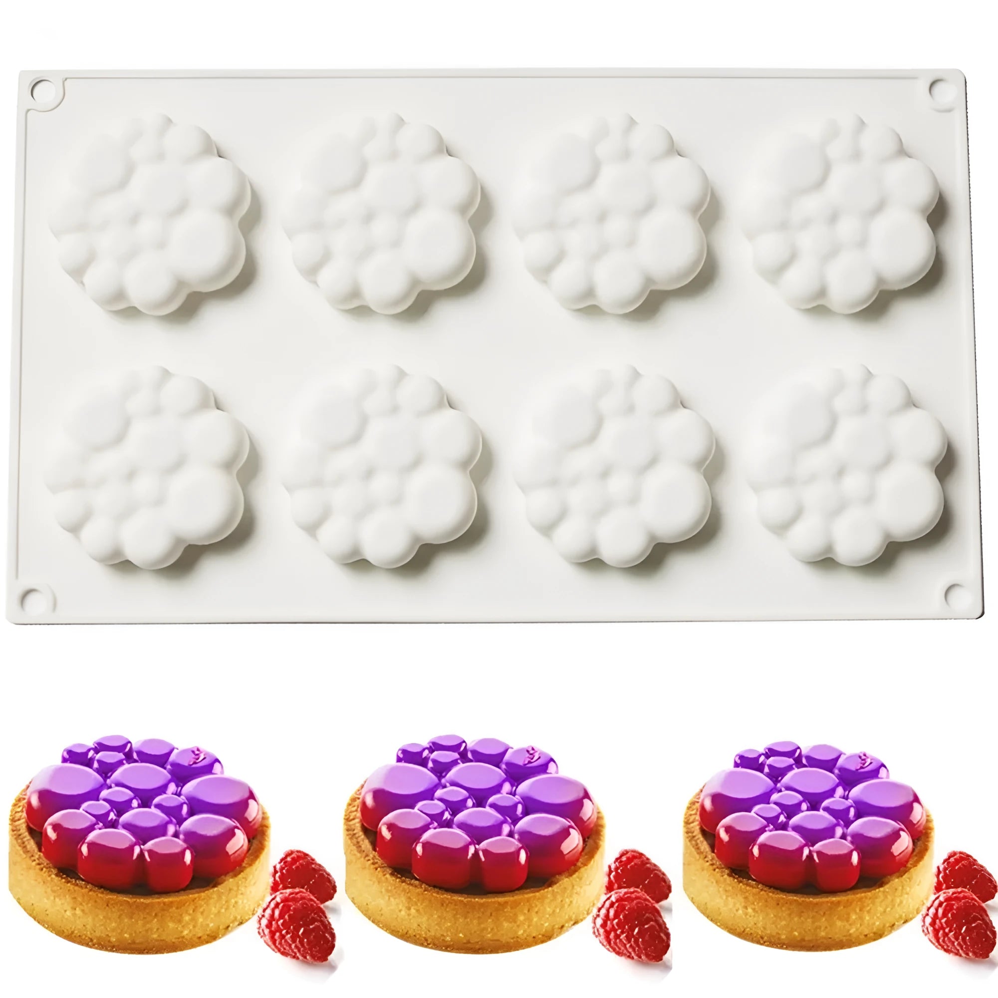 Round silicone cake mould with 8 bubble pattern design for baking and dessert preparation