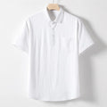 Men's loose lapel short sleeve linen blend T-shirt in solid colours on a size chart.