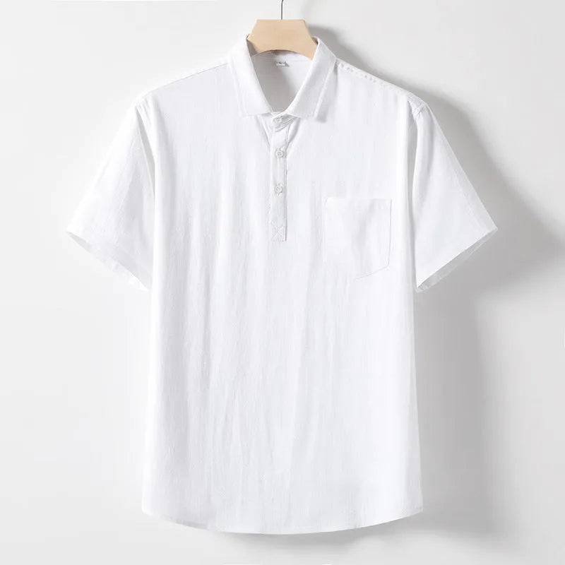 Men's loose lapel short sleeve linen blend T-shirt in solid colours on a size chart.