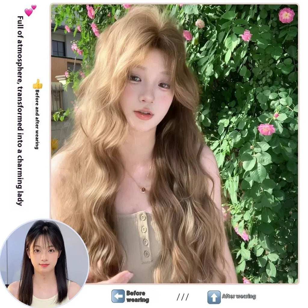 Linen brown curly medium wig with high temperature fibre hair and hair net