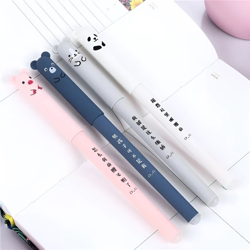 Hot erasable pen set with 0.5mm tip in black blue red colours showing pens and refills