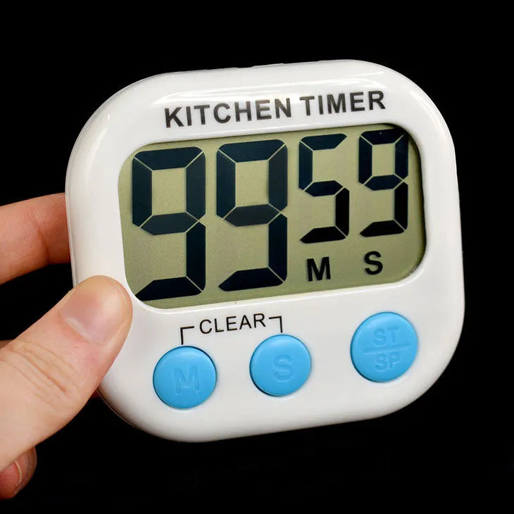 Electronic countdown timer with large clear digits, magnetic backing, and retractable stand, available in blue, green, pink or white