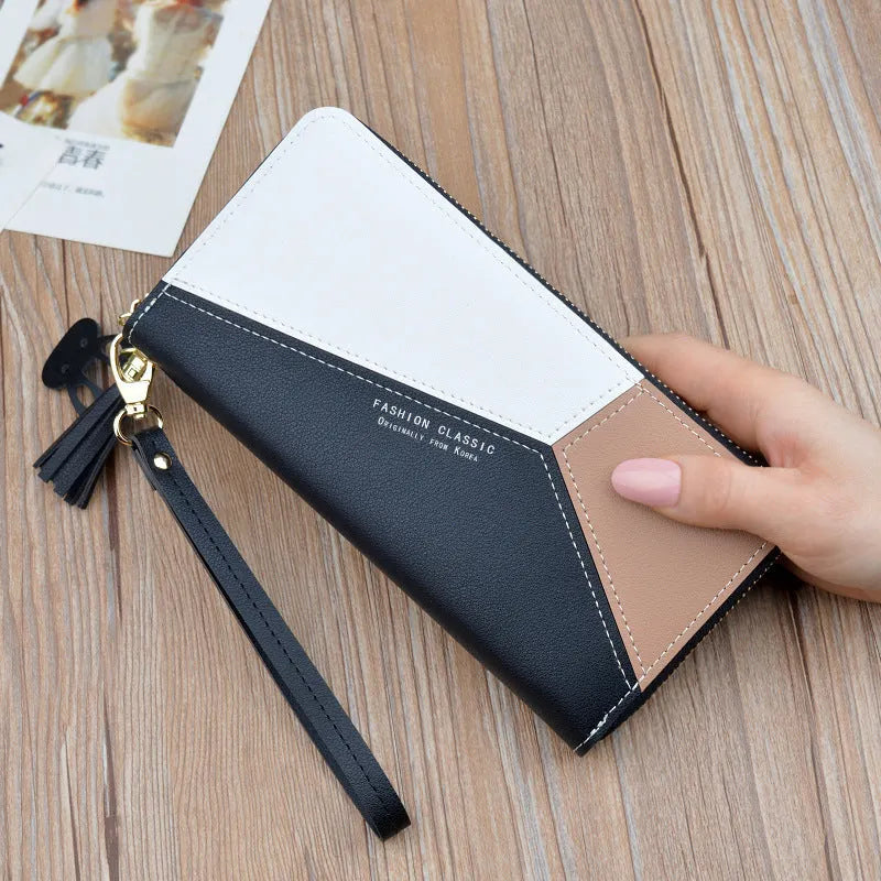 Women's horizontal square clutch bag with zipper, tassel, stitching, card slot, bill holder, in black, blue, or pink