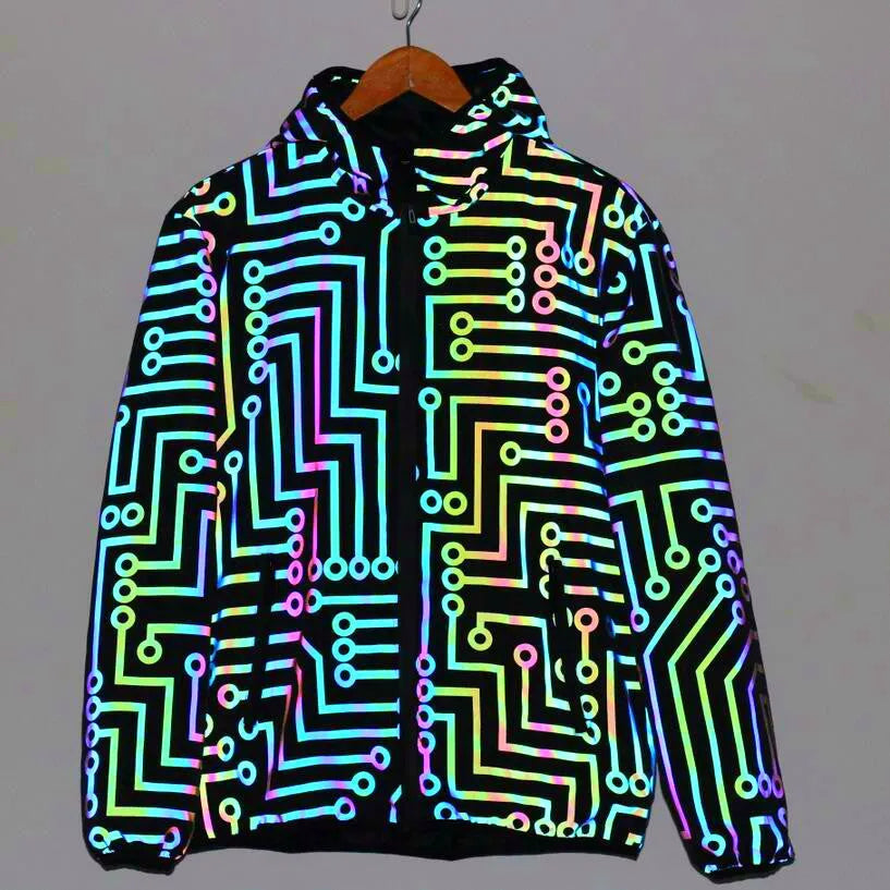 Men and women colorful reflective hooded polyester dance jacket in black with straight hem
