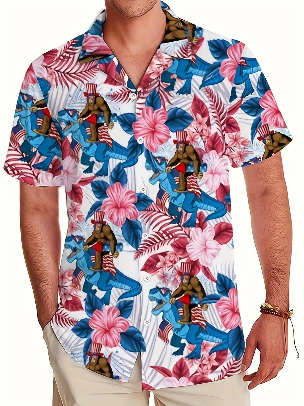 Men's 3D printed floral pattern short sleeve shirt in loose cardigan style with elastic polyester fabric