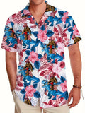 Men's 3D printed floral pattern short sleeve shirt in loose cardigan style with elastic polyester fabric